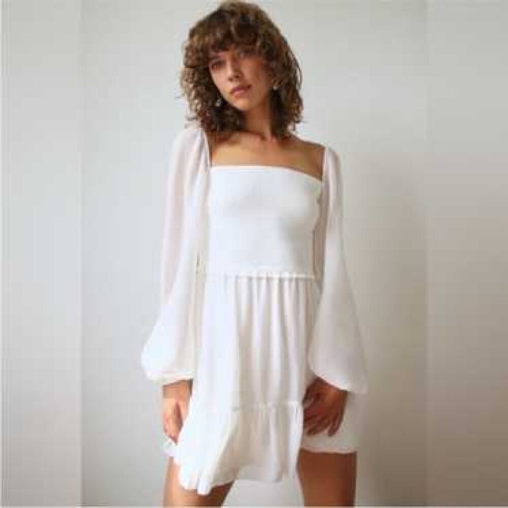 Wilfred Aritzia Small Tempest Mini Dress Smocked White Long Sleeve